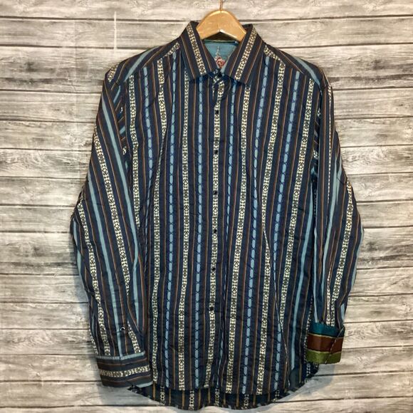 Robert Graham Shirt Mens XL Blue Embroidered Striped Long Sleeve India - Picture 1 of 7